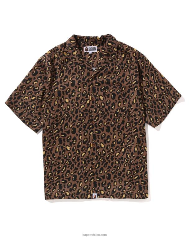camisa con cuello abierto y motivo de leopardo hombres A Bathing Ape 00RH126 marrón