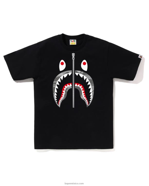 camiseta de panal de camuflaje con tiburón hombres A Bathing Ape 00RH84 negro