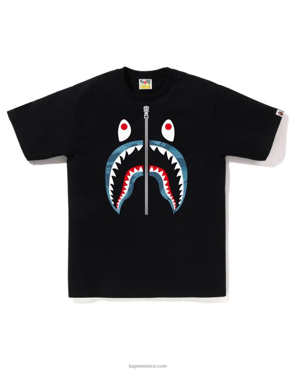camiseta de panal de camuflaje con tiburón hombres A Bathing Ape 00RH85 negro