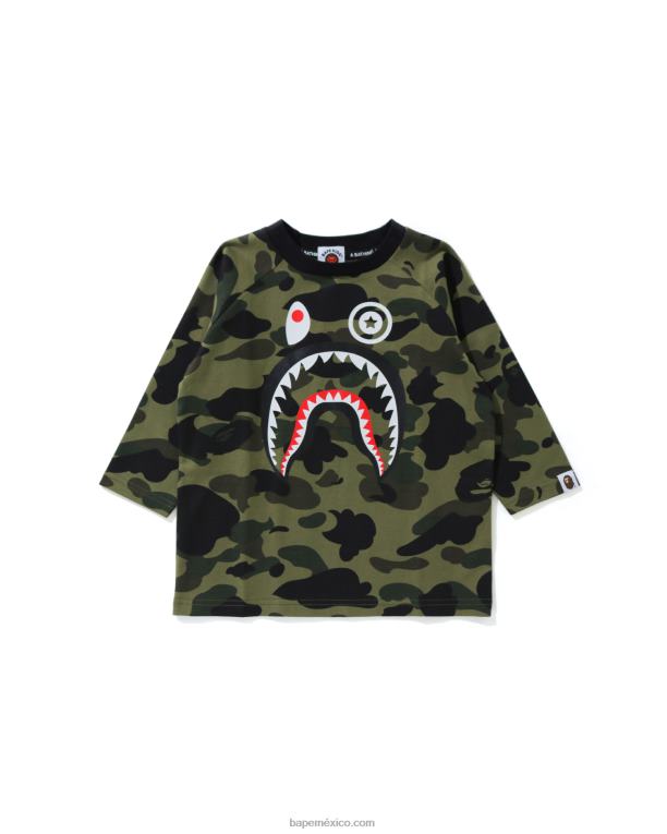 Camiseta de manga 3/4 1st camo shark niños A Bathing Ape 00RH1787 ejercito verde