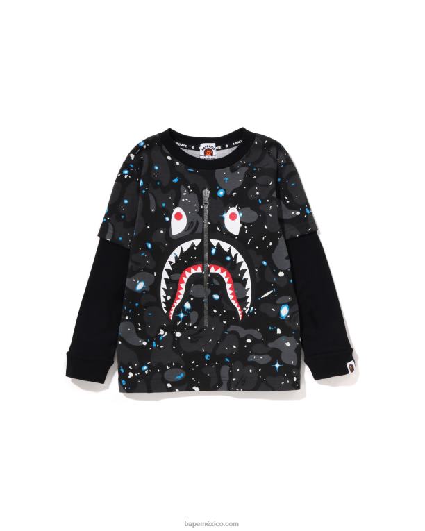 camiseta con capas de tiburón de camuflaje espacial niños A Bathing Ape 00RH1463 negro