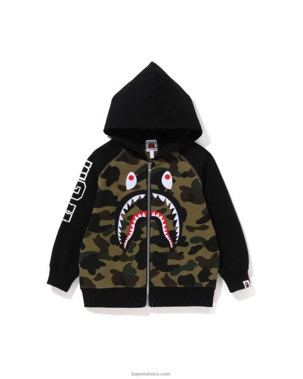 1st sudadera con capucha y cremallera con parche de tiburón camuflado niños A Bathing Ape 00RH1499 ejercito verde