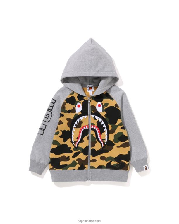 1st sudadera con capucha y cremallera con parche de tiburón camuflado niños A Bathing Ape 00RH1500 amarillo